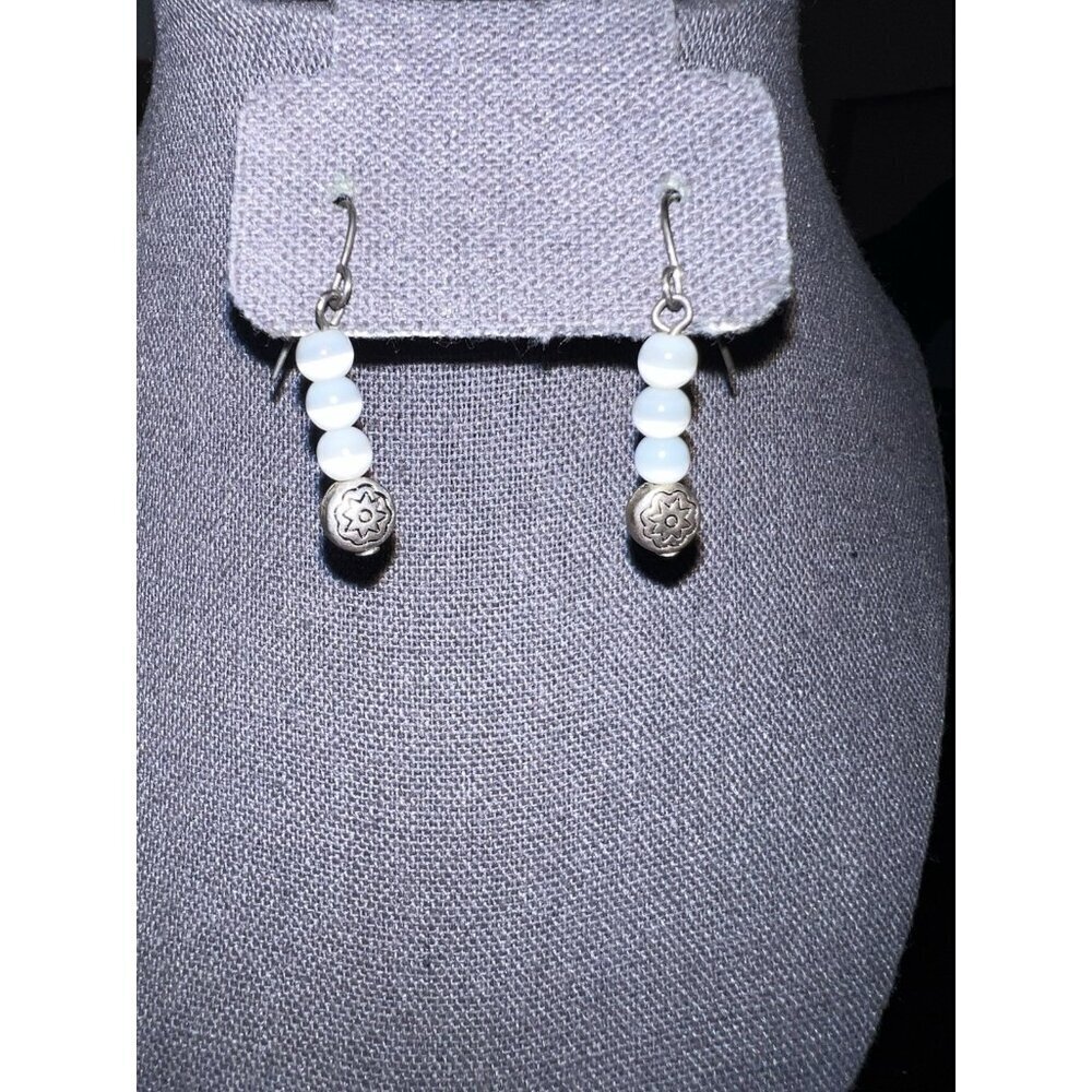 Artisan Handmade Three Drop Cat's Eye Gemstone Silver Bead Hook Earrings